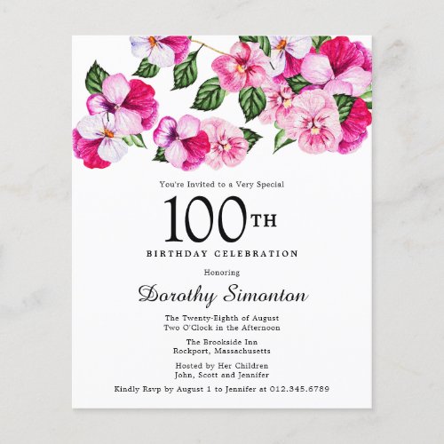 Budget Pink White Floral 100th Birthday Invitation