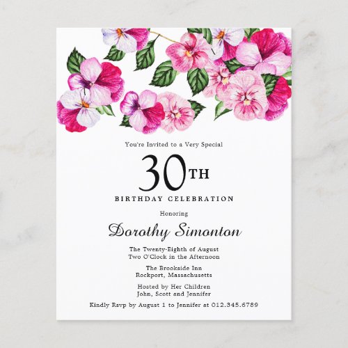 Budget Pink White Floral 30th Birthday Invitation
