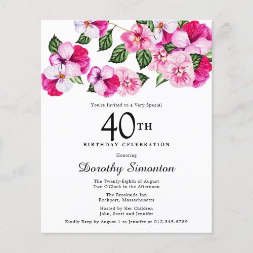Budget Pink White Floral 40th Birthday Invitation
