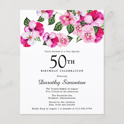 Budget Pink White Floral 50th Birthday Invitation