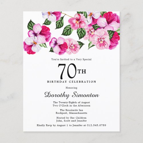 Budget Pink White Floral 70th Birthday Invitation