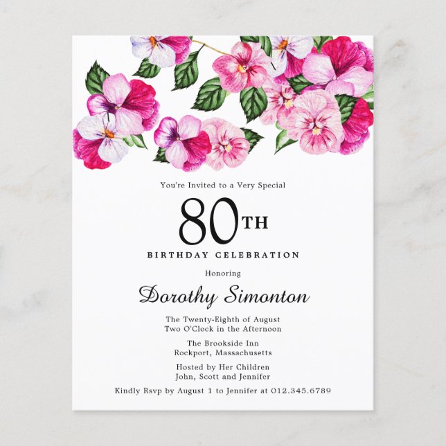Budget Pink White Floral 80th Birthday Invitation (Front)