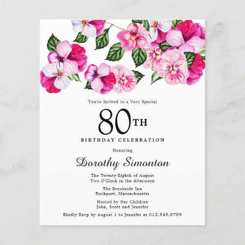 Budget Pink White Floral 80th Birthday Invitation