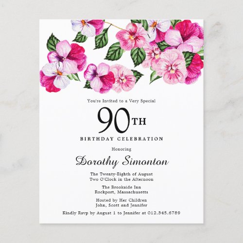 Budget Pink White Floral 90th Birthday Invitation