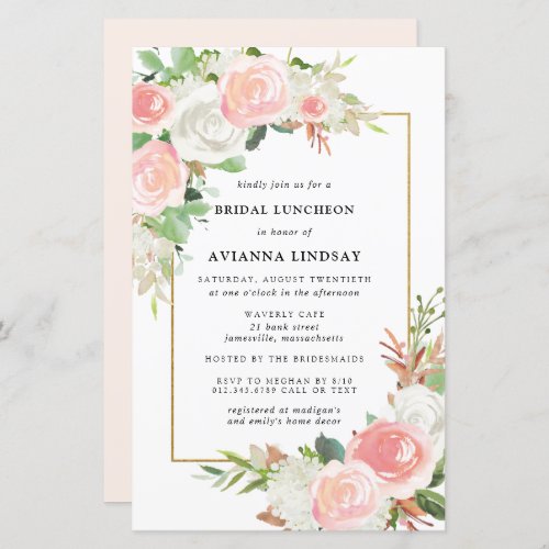 Budget Pink White Floral Bridal Luncheon Invite