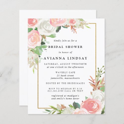 Budget Pink White Floral Bridal Shower Invitation