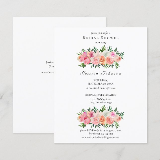 Budget Pink & White Floral Bridal Shower Invite (Front/Back)