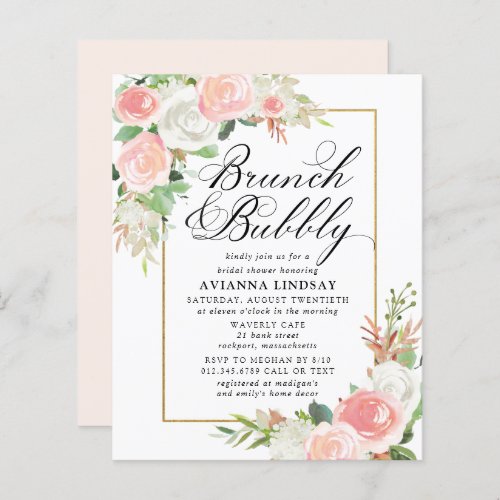 Budget Pink White Floral Brunch Bubbly Invite