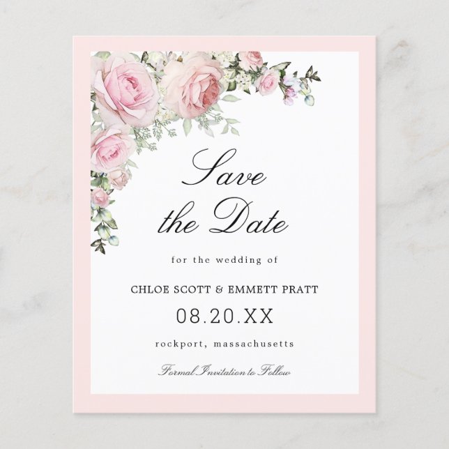 Budget Pink White Floral Wedding Save The Date (Front)