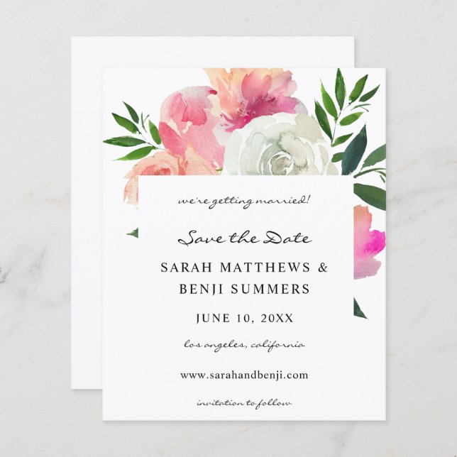 Budget Pink & White Gray Floral Save the Date 2 (Front/Back)
