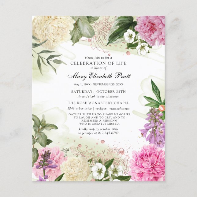 Budget Pink White Purple Floral Funeral Invitation (Front)