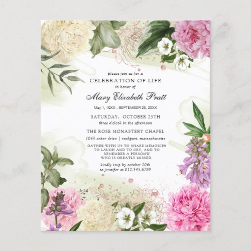 Budget Pink White Purple Floral Funeral Invitation
