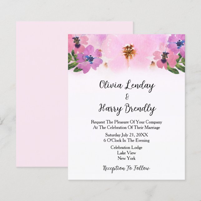 Budget Pink Wild Flower Garden Wedding Invitation (Front/Back)