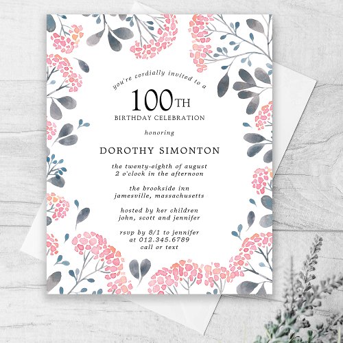 Budget Pink Wildflower 100th Birthday Invitation