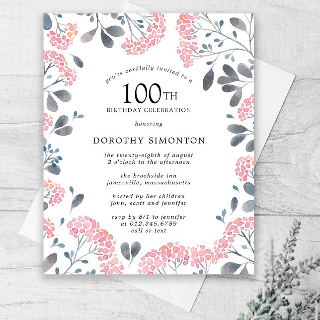 Budget Pink Wildflower 100th Birthday Invitation (Creator Uploaded)