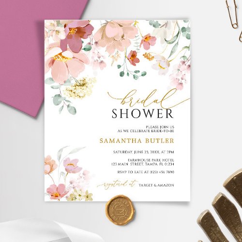 Budget Pink Wildflowers Bridal Shower Invitation