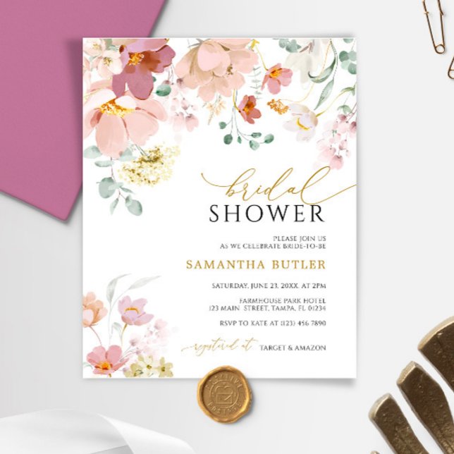 Budget Pink Wildflowers Bridal Shower Invitation (Creator Uploaded)