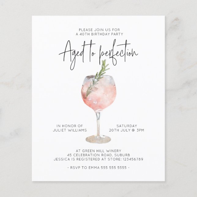 Budget Pink Wine Aged to Perfection 40th Birthday Flyer (Front)