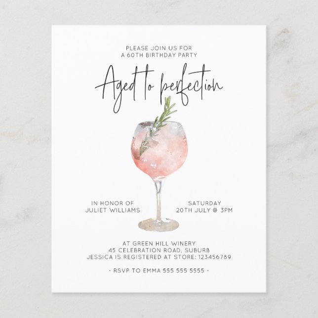 Budget Pink Wine Aged to Perfection 60th Birthday Flyer (Front)