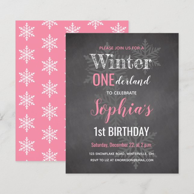 Budget Pink Winter Onederland 1st Birthday Invite (Front/Back)