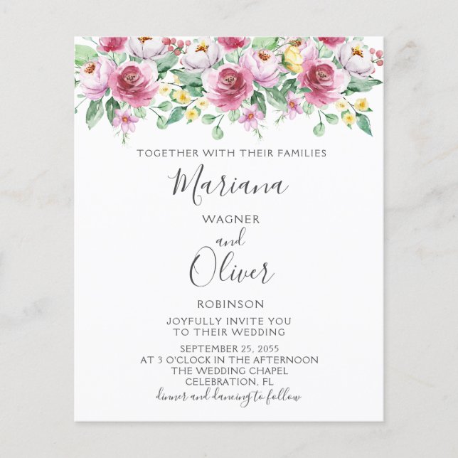 Budget Pink Yellow Floral Wedding Invitation (Front)