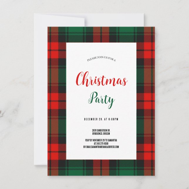 Budget Plaid Retro Script red and green Christmas  Invitation (Front)