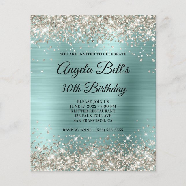 Budget Platinum Glitter Pale Turquoise Invitation (Front)