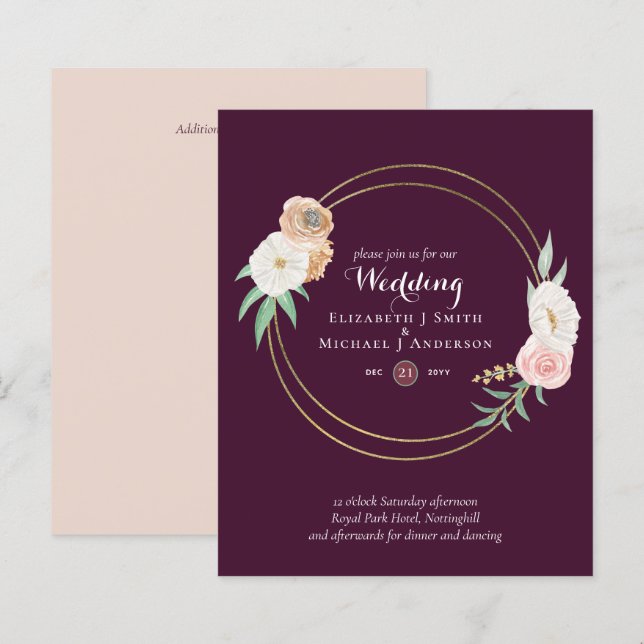 BUDGET Plum and Coral Floral Wedding Invitation (Front/Back)