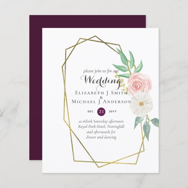 BUDGET Plum and Peach Floral Wedding Invitation (Front/Back)