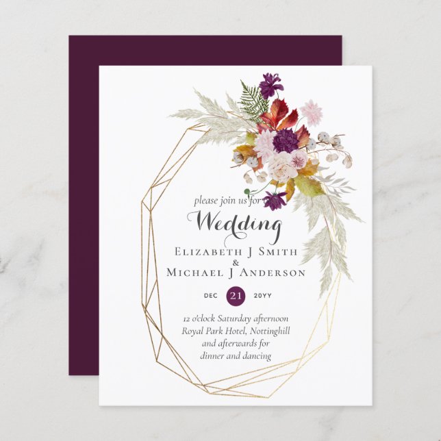 Budget Plum Blooms Ginger Floral Wedding Invites (Front/Back)