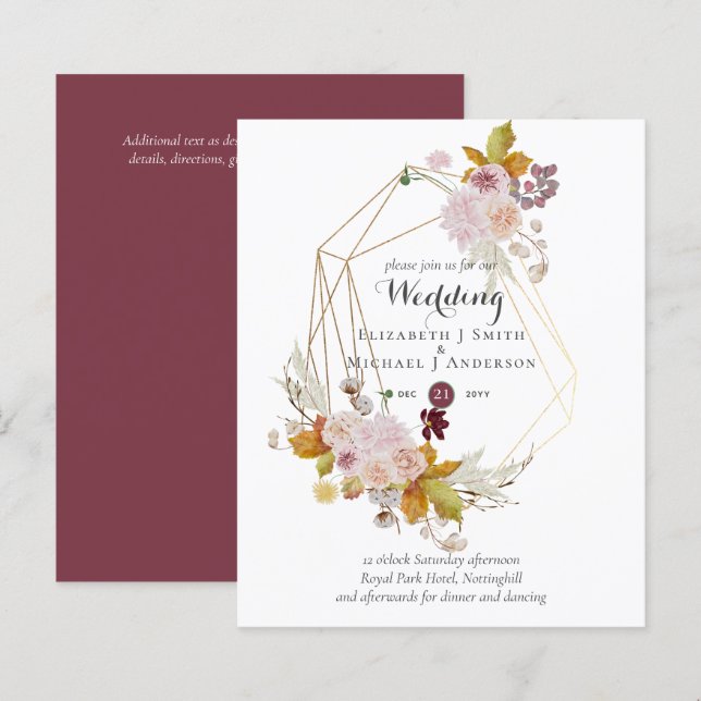 Budget plum Blush Pink Floral Wedding Invites (Front/Back)