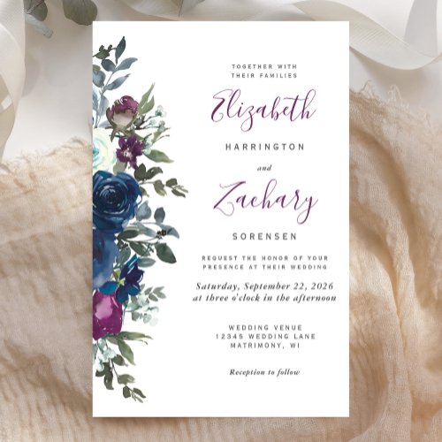 Budget Plum Floral Navy Blue Wedding Invitation