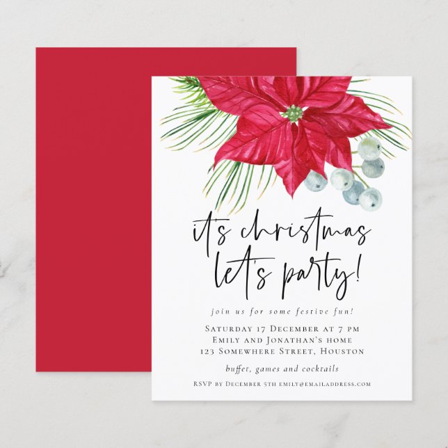 Budget Poinsettia Christmas Lets Party Invite (Front/Back)