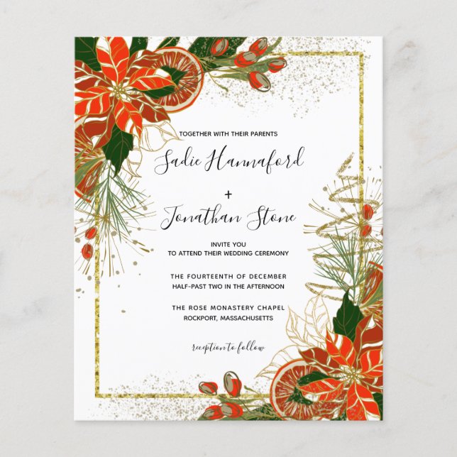 Budget Poinsettia Citrus Gold Wedding Invitation (Front)