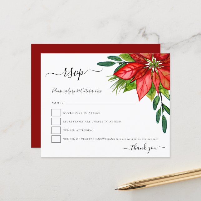 Budget Poinsettia Foliage Christmas Wedding RSVP (Front/Back In Situ)