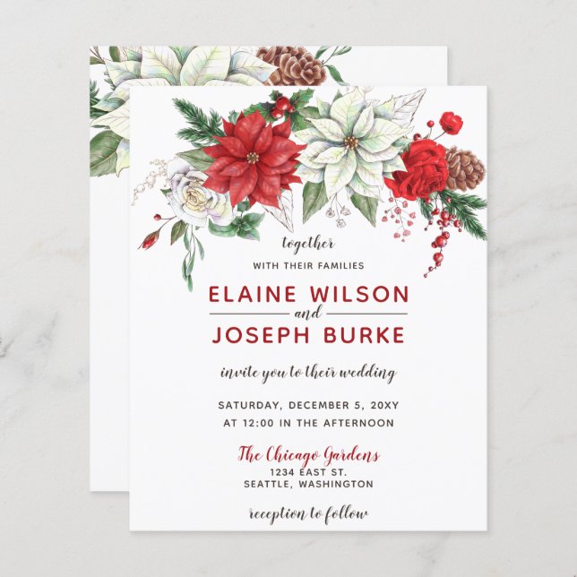 Budget Poinsettia Pine cone Wedding Invitation (Front/Back)