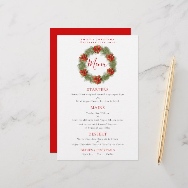 Budget Poinsettia Wreath Christmas Wedding Menu (Front/Back In Situ)