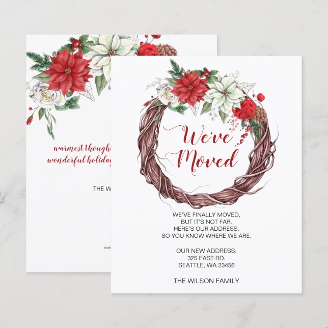 Budget Poinsettia Wreath We've Moved Holiday Card (Front/Back)