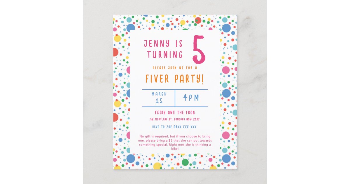 Budget Pokadot Fiver Party Birthday Invitation Flyer Zazzle