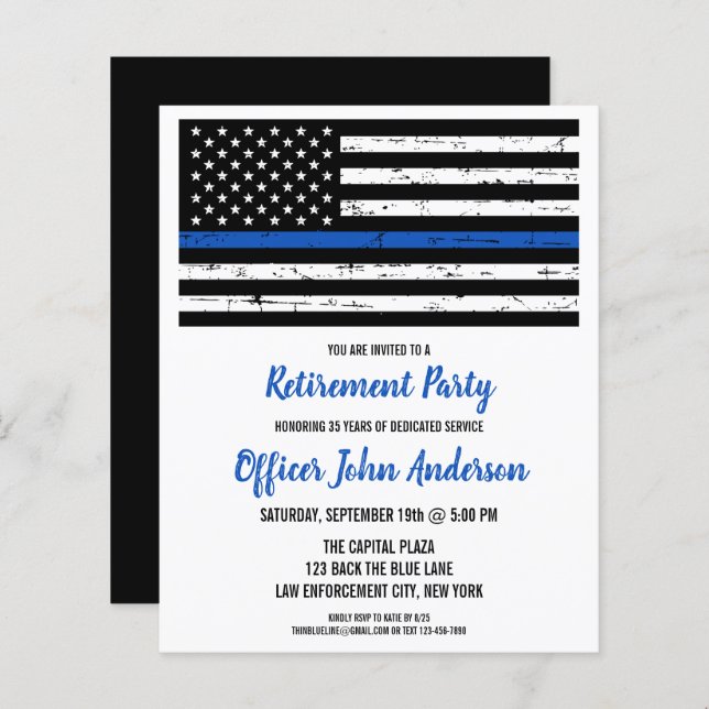 Budget Police Retirement Invitation Thin Blue Line (Front/Back)