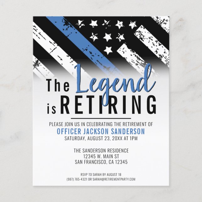 Budget Police Retirement Thin Blue Line Flag Party (Front)