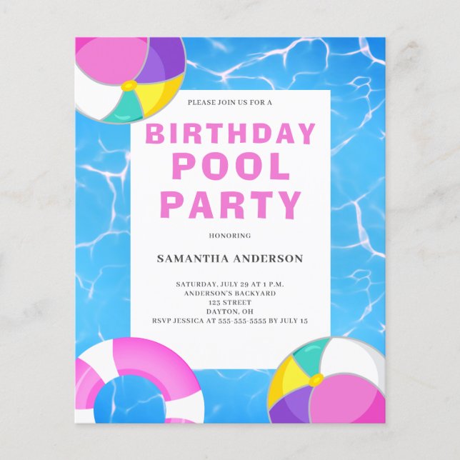 Budget Pool Party Birthday Invitation Flyer (Front)