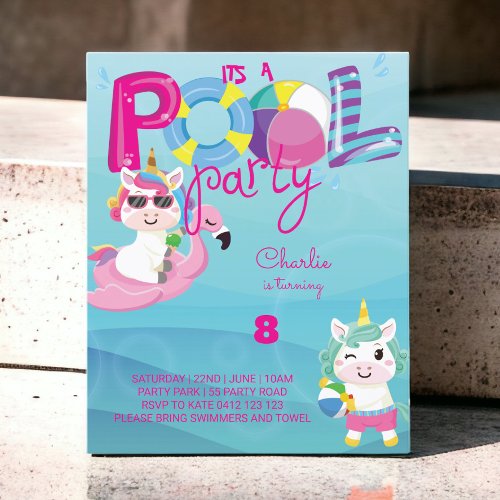 BUDGET Pool Party Unicorn Birthday Invitation 