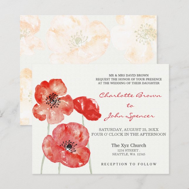 Budget Poppies Modern floral wedding invitations (Front/Back)