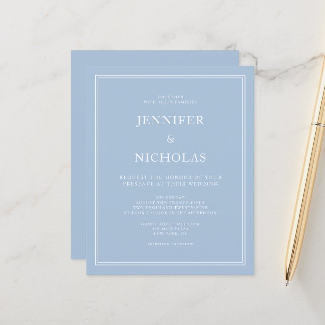 Budget Powder Blue Elegant Formal Wedding Invite (Front/Back In Situ)