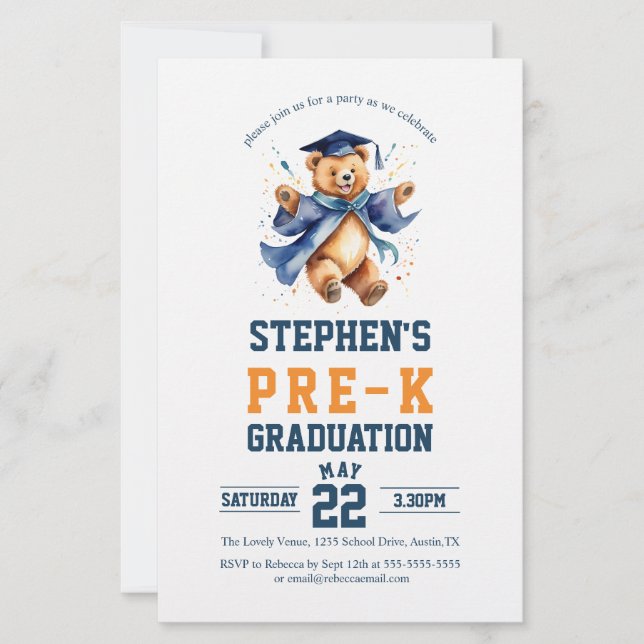 Budget Pre-K Graduation Teddy Bear Party Invite  (Front)