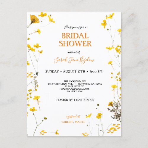 Budget Pressed Wildflower Boho Bridal Shower Invitation Postcard