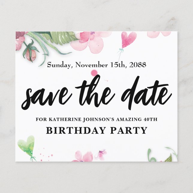 Budget, pretty birthday floral Save the date (Front)