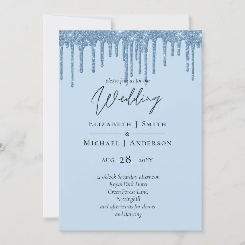 Budget Pretty Girly BLUE Glitter Wedding Invite
