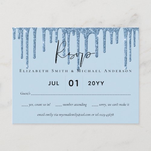Budget Pretty Girly BLUE Glitter Wedding RSVP Postcard